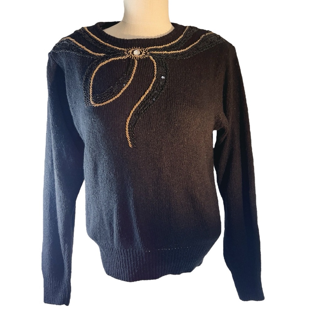 Raoul Silk / Angora Blend Beaded Bow Sweater Size M Black and‎ Gold Holiday